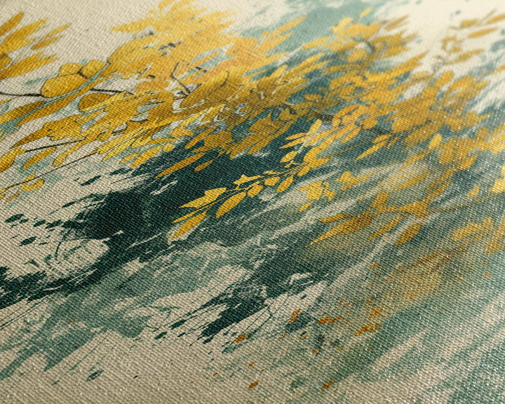 Golden Foliage Set Against Green Textured Background Skinny Art Tall Art Framed Canvas Print Japanese Style Art Ukiyo-e Art Wood Block Print Natural Elegant