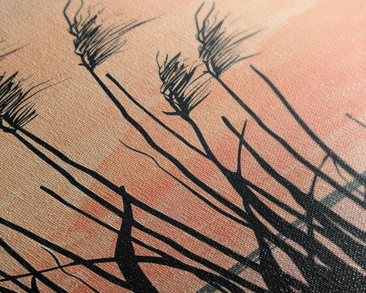 Reeds Silhouetted Against Soft Orange Sunset Skinny Art Tall Art Framed Canvas Print Japanese Style Art Ukiyo-e Art Wood Block Print Tranquil Scenic