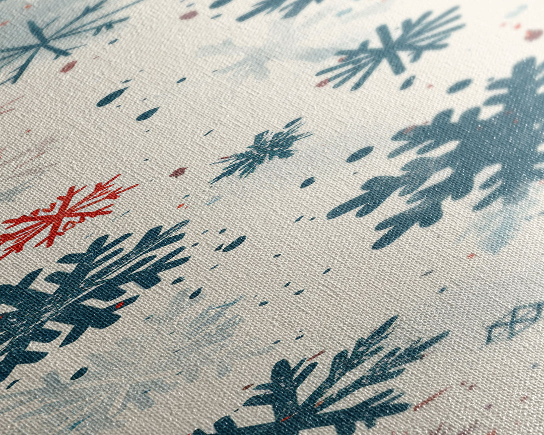 Festive Snowflakes In Red, Blue, And White On A Cream Background, Skinny Art Tall Wall Art Framed Canvas Print Japanese Style Art