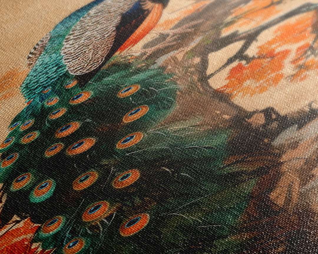 Majestic Peacock Perched On A Branch With Autumn Leaves, Skinny Art Tall Wall Art Framed Canvas Print Japanese Style Art