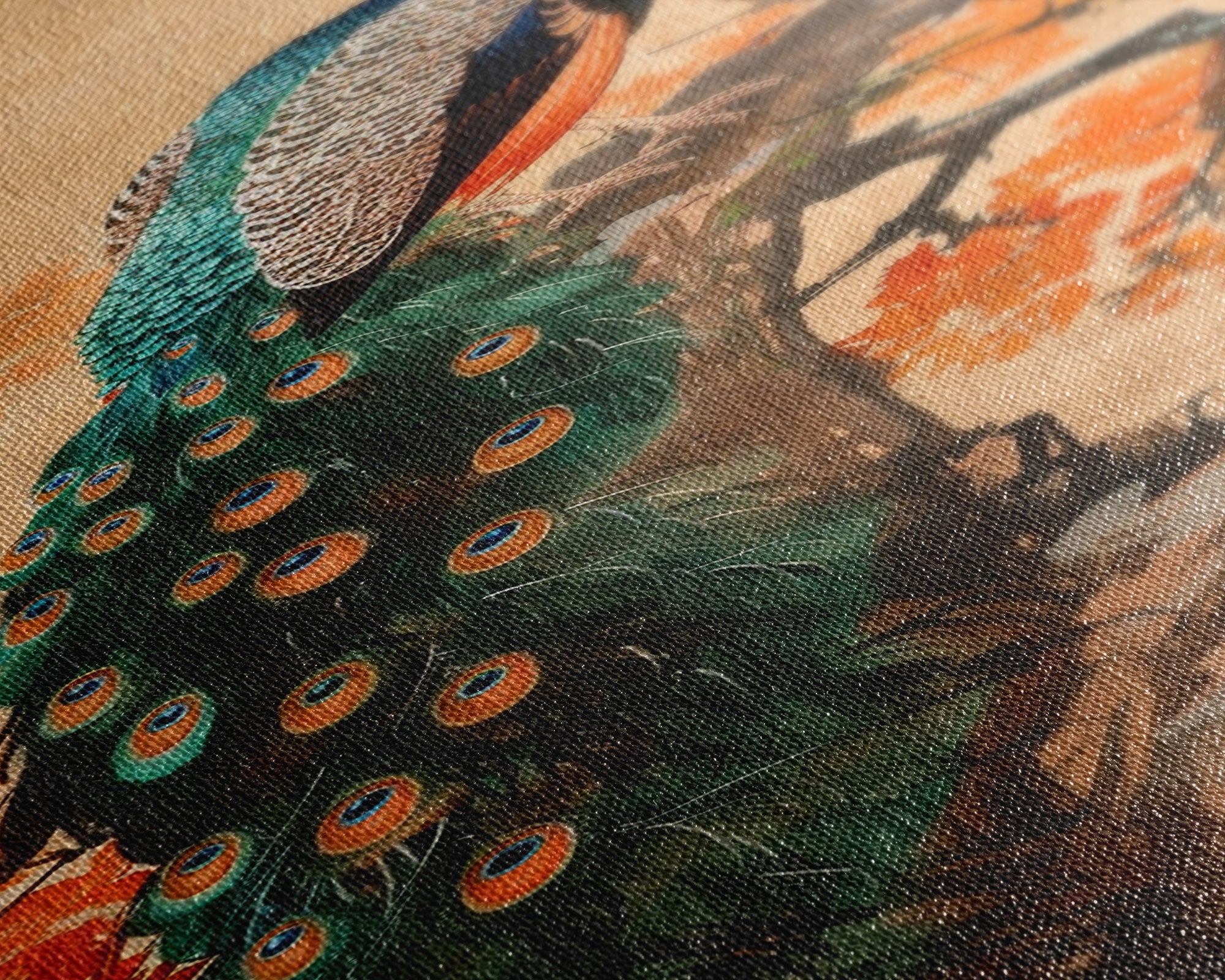 Majestic Peacock Perched On A Branch With Autumn Leaves, Skinny Art Tall Wall Art Framed Canvas Print Japanese Style Art