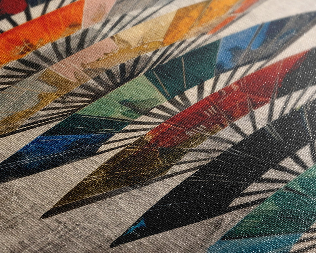 Seven Japanese Fans In Various Colors Arranged Vertically On A Textured Background, Skinny Art Tall Wall Art Framed Canvas Print Japanese Style Art