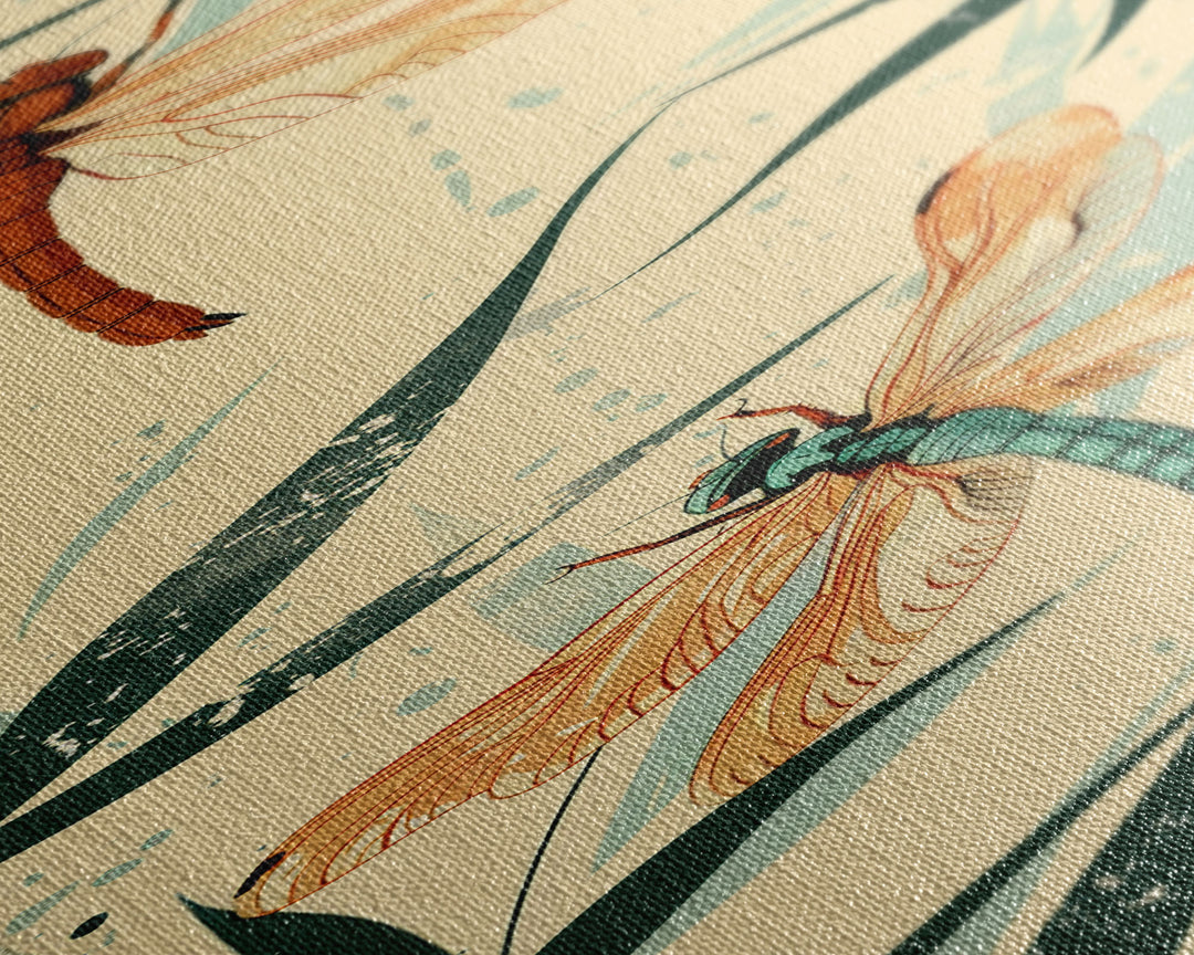 Two Dragonflies With Detailed Wings Hovering Near Bamboo, Skinny Art Tall Wall Art Framed Canvas Print Japanese Style Art