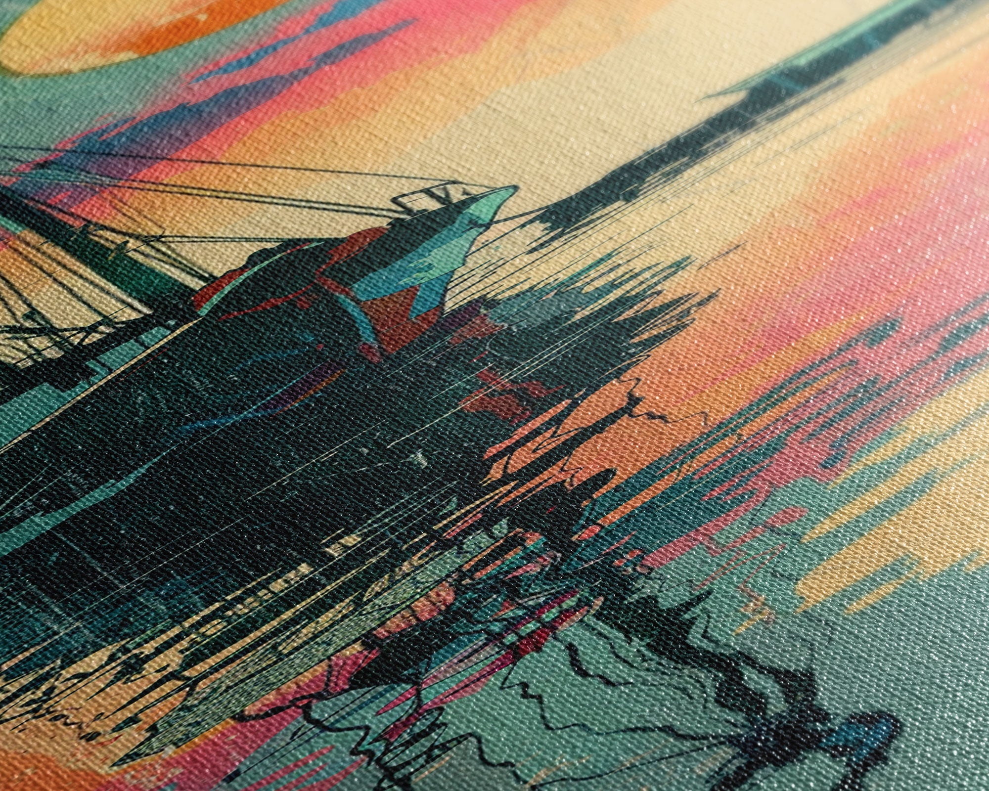 Fishing Boat Reflecting in Water with Vibrant Sunset, Japanese Art-Inspired Tall Framed Canvas Print for Wall Art