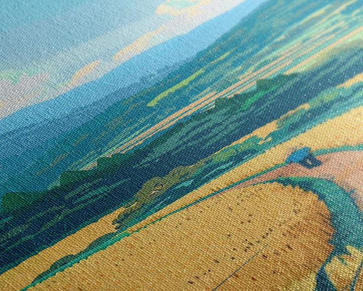 Scenic Countryside Pathway with Fields and Mountains, Skinny Framed Canvas Print for Wall Decor