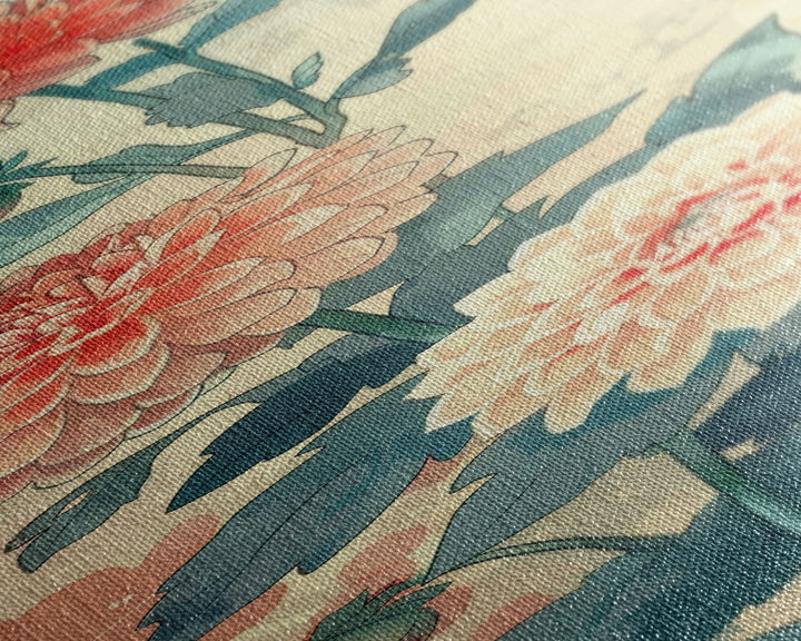 Chrysanthemums in Soft Pastel Tones on Tall Skinny Framed Canvas Print, Japanese Art Wall Decor