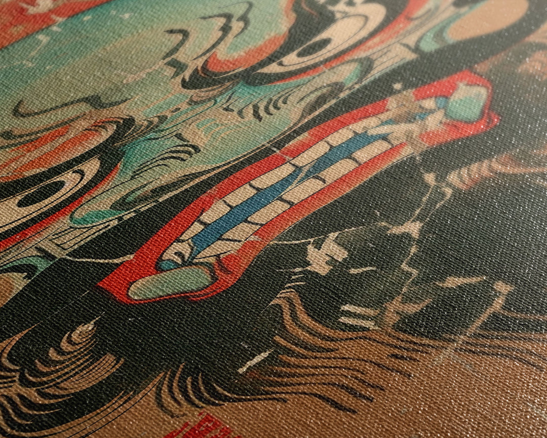 Traditional Japanese Demon Mask Art In Ukiyo-e Style Framed Canvas Print Tall Skinny Cultural Wood Block Wall Decor