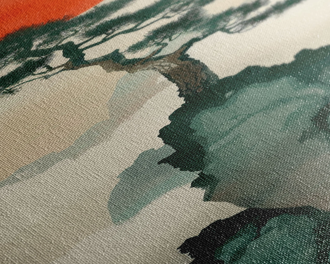 Bonsai Tree Mountain Red Sun Japanese Tall Wall Art Skinny Framed Canvas Print Ukiyo-e Style