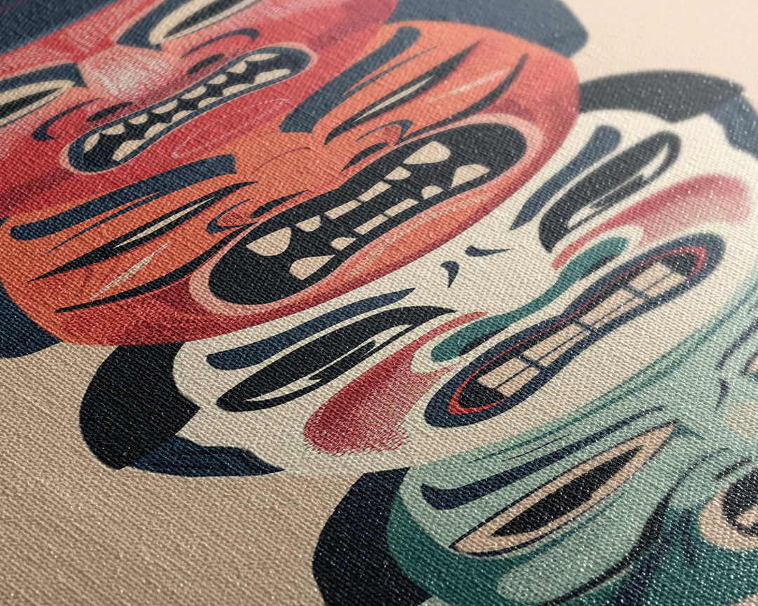 Bold Striking Japanese Kabuki Masks Vibrant Colors Depicted Traditional Style Tall Framed Canvas Print Cultural Home Decor