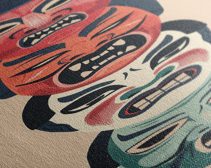 Bold Striking Japanese Kabuki Masks Vibrant Colors Depicted Traditional Style Tall Framed Canvas Print Cultural Home Decor