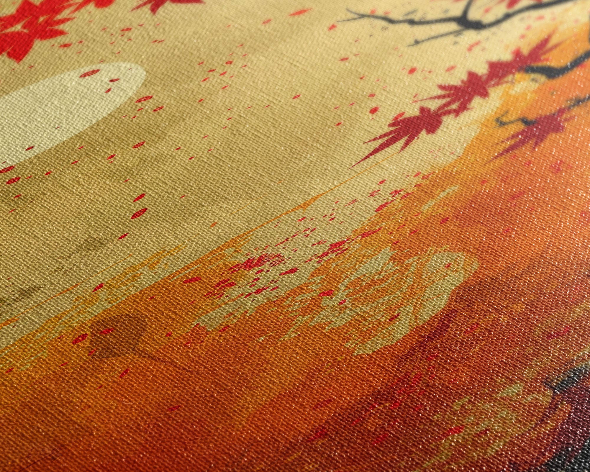 Dramatic Red Autumn Leaves Against Golden Sky Depicted Japanese Style Tall Framed Canvas Print Seasonal Wall Art