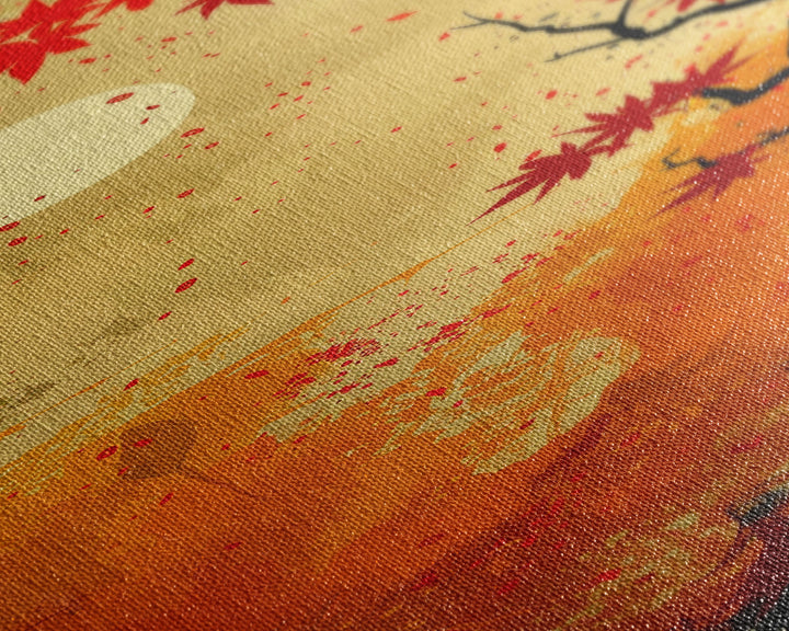 Dramatic Red Autumn Leaves Against Golden Sky Depicted Japanese Style Tall Framed Canvas Print Seasonal Wall Art