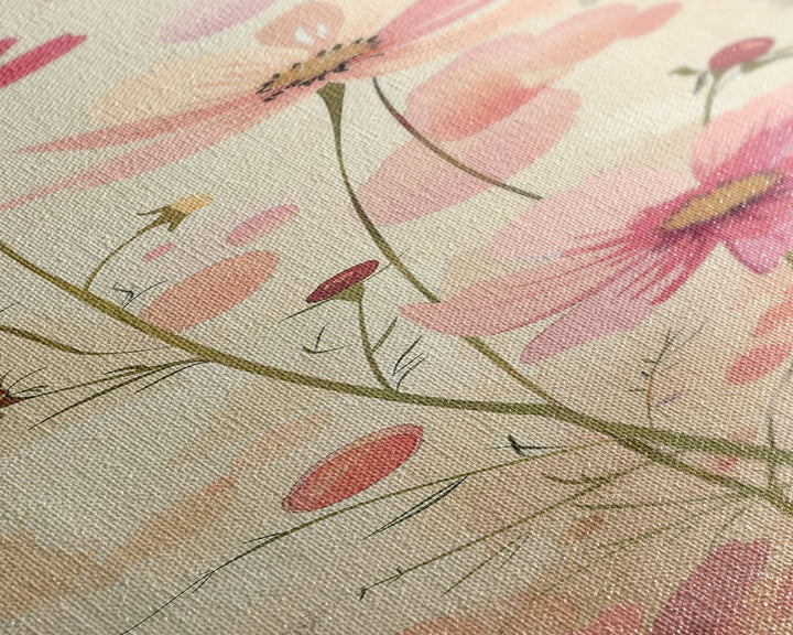 Delicate Pink Flowers with Tall Stems on a Subtle Beige Background Ukiyo-e Art Japanese Framed Canvas Print Skinny Tall Art