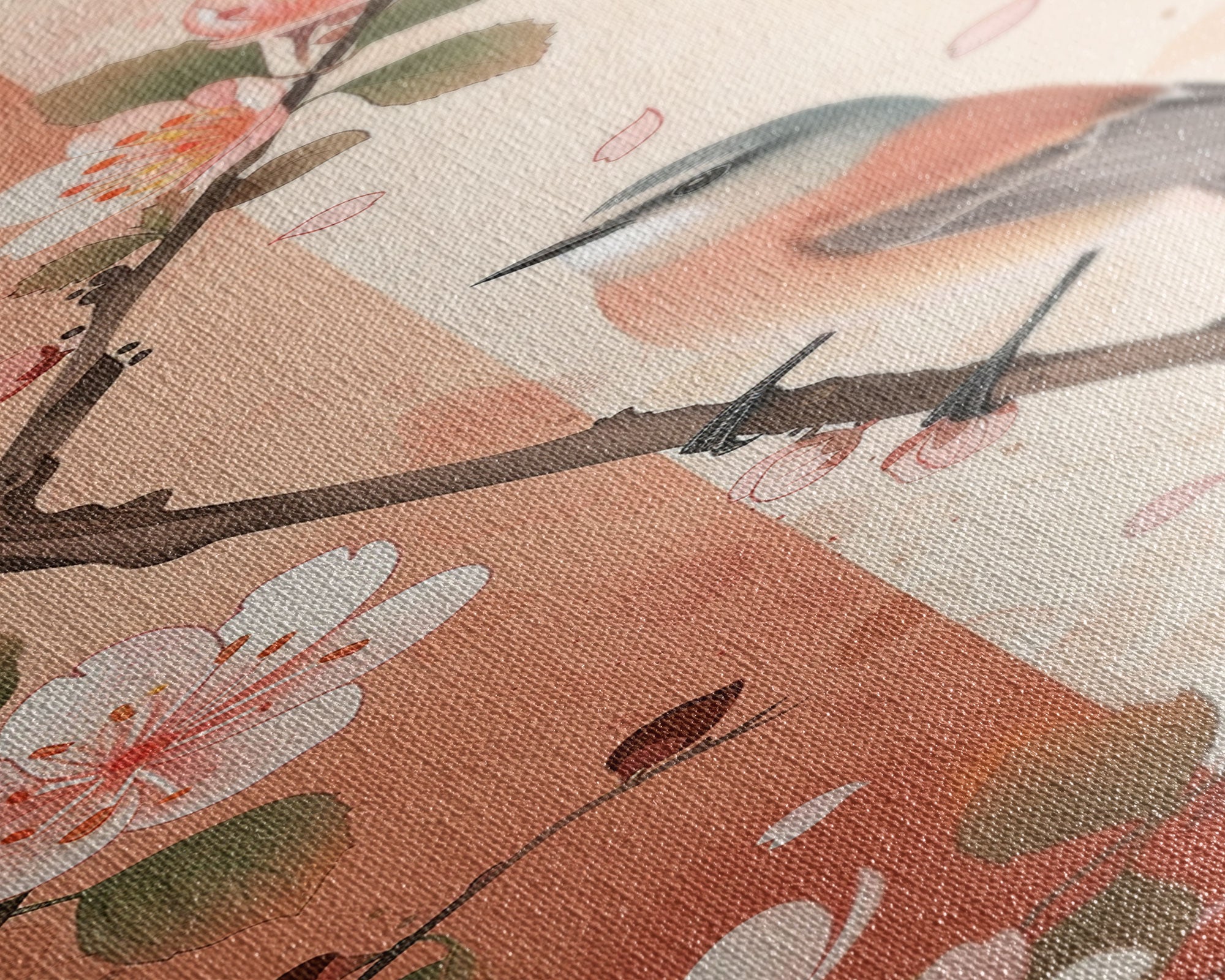 Japanese Bird Art Skinny Wall Art Framed Canvas Print Perched Bird on Branch with Cherry Blossoms and Petals in Soft Pastel Colors