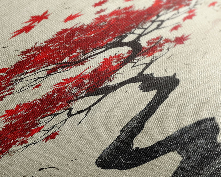 Red Maple Bonsai Tree Japanese Art Skinny Wall Art Framed Canvas Print with Windswept Branches and Red Leaves