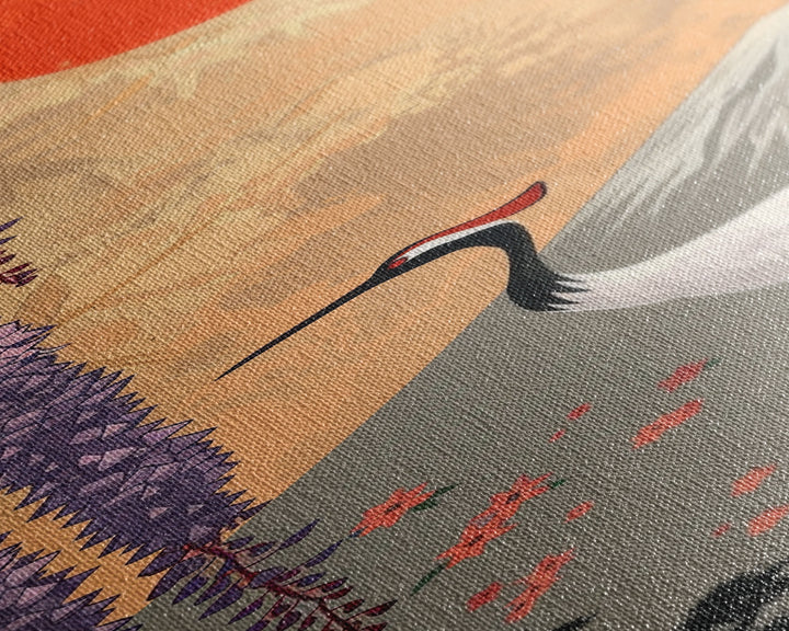 Japanese Crane Skinny Wall Art Framed Canvas Print in a Garden with Wisteria Flowers and Mount Fuji in the Background
