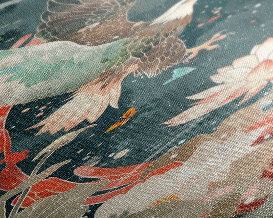 Majestic Eagle Japanese Art Skinny Wall Art Framed Canvas Print Soaring Above Lotus Flowers in Serene Water Scene