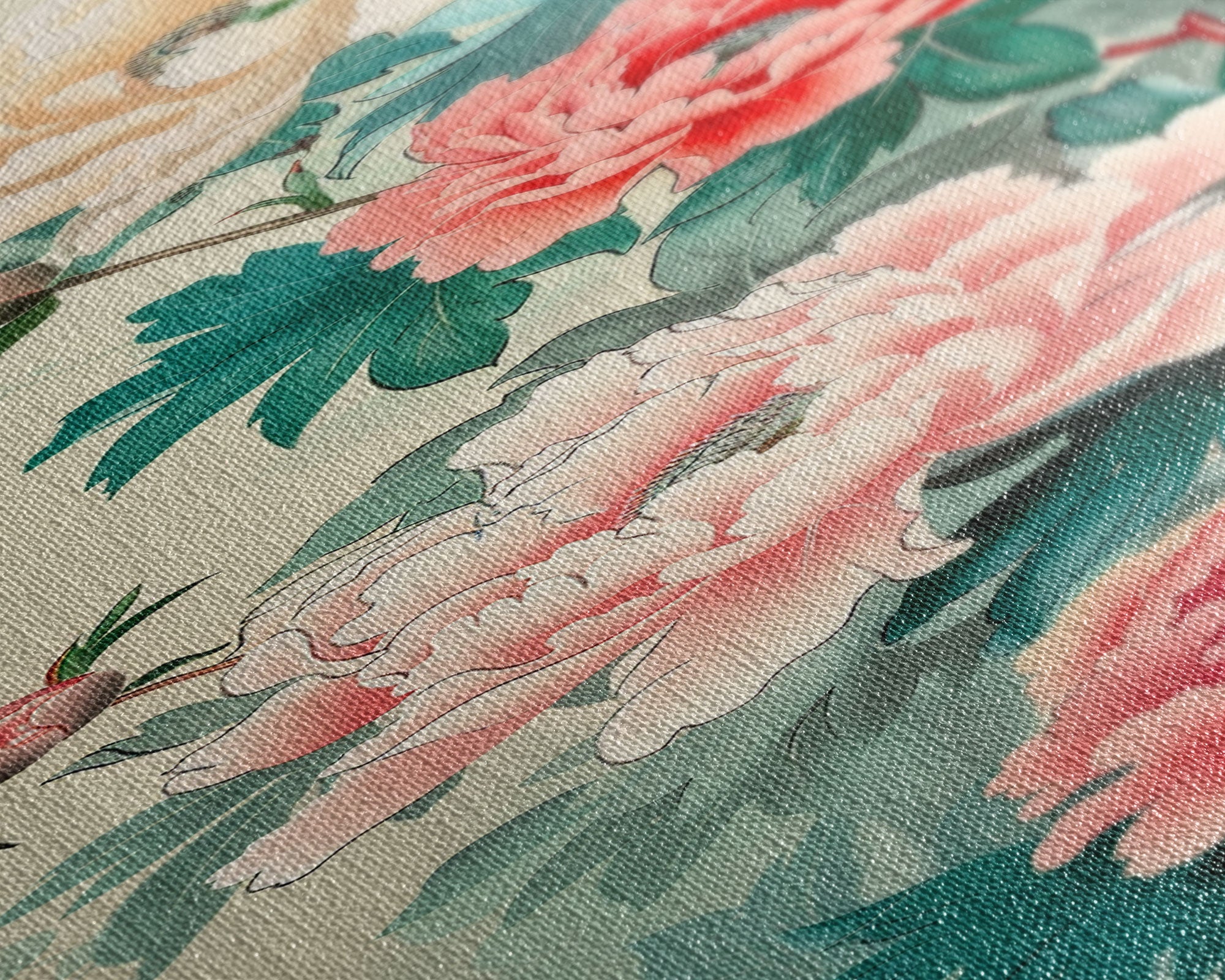 Japanese Style Art, Skinny Art, Tall Art, Peonies In Bloom Wood Block Print Framed Canvas Print Ukiyo-e Art