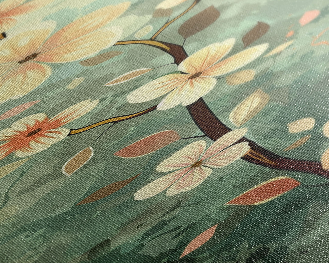 Japanese Style Art Featuring A Delicate Branch With Blooming Flowers, Skinny Art, Tall Art, Ukiyo-e Art, Framed Canvas Print, Wood Block Print