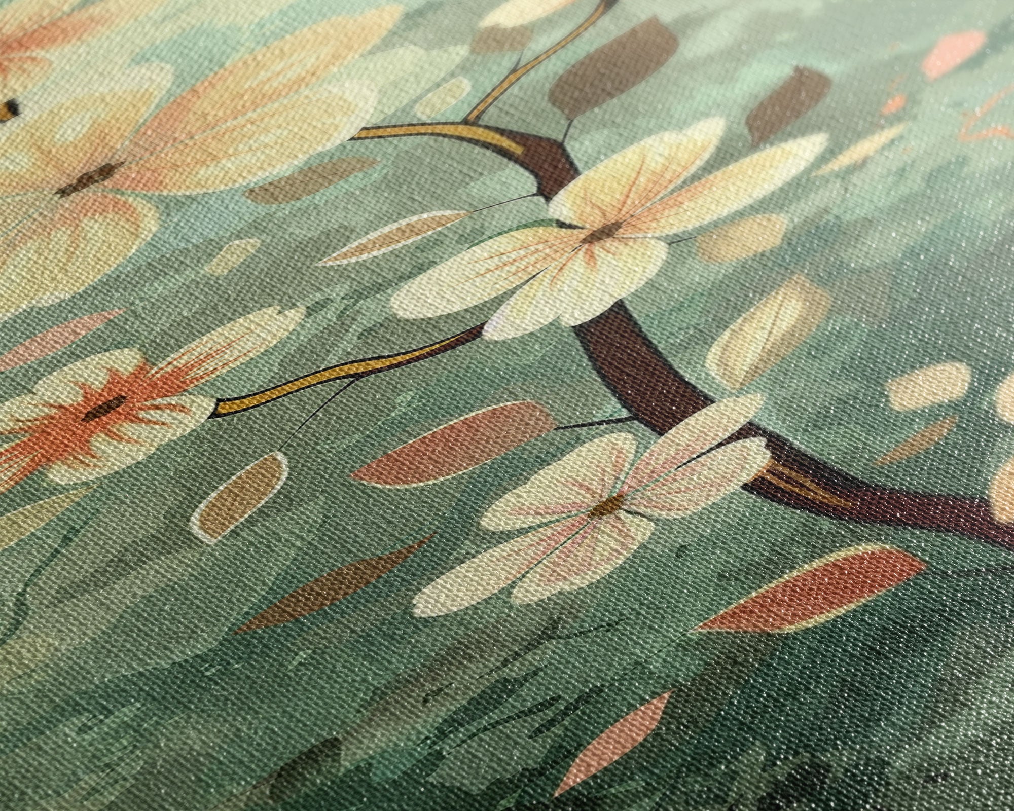 Japanese Style Art Featuring A Delicate Branch With Blooming Flowers, Skinny Art, Tall Art, Ukiyo-e Art, Framed Canvas Print, Wood Block Print