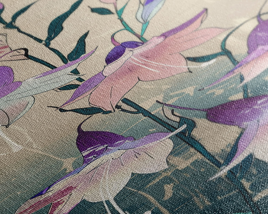 Tall Art Featuring Elegant Bellflowers In Soft Purples And Pinks Against A Muted Background, Skinny Art, Japanese Style Art, Ukiyo-e Art, Framed Canvas Print, Wood Block Print