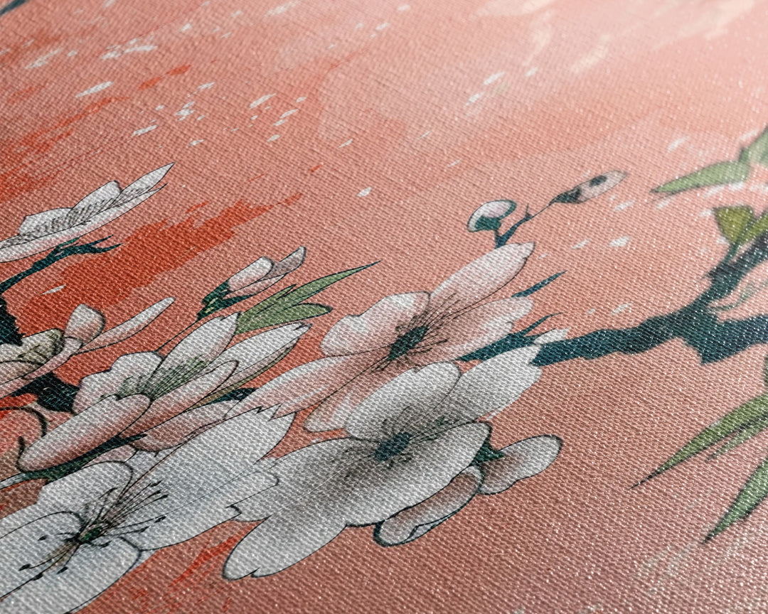 Skinny Art Tall Art Cherry Blossoms Wood Block Print Japanese Style Art With Delicate Branches On Soft Pink Background Framed Canvas Print