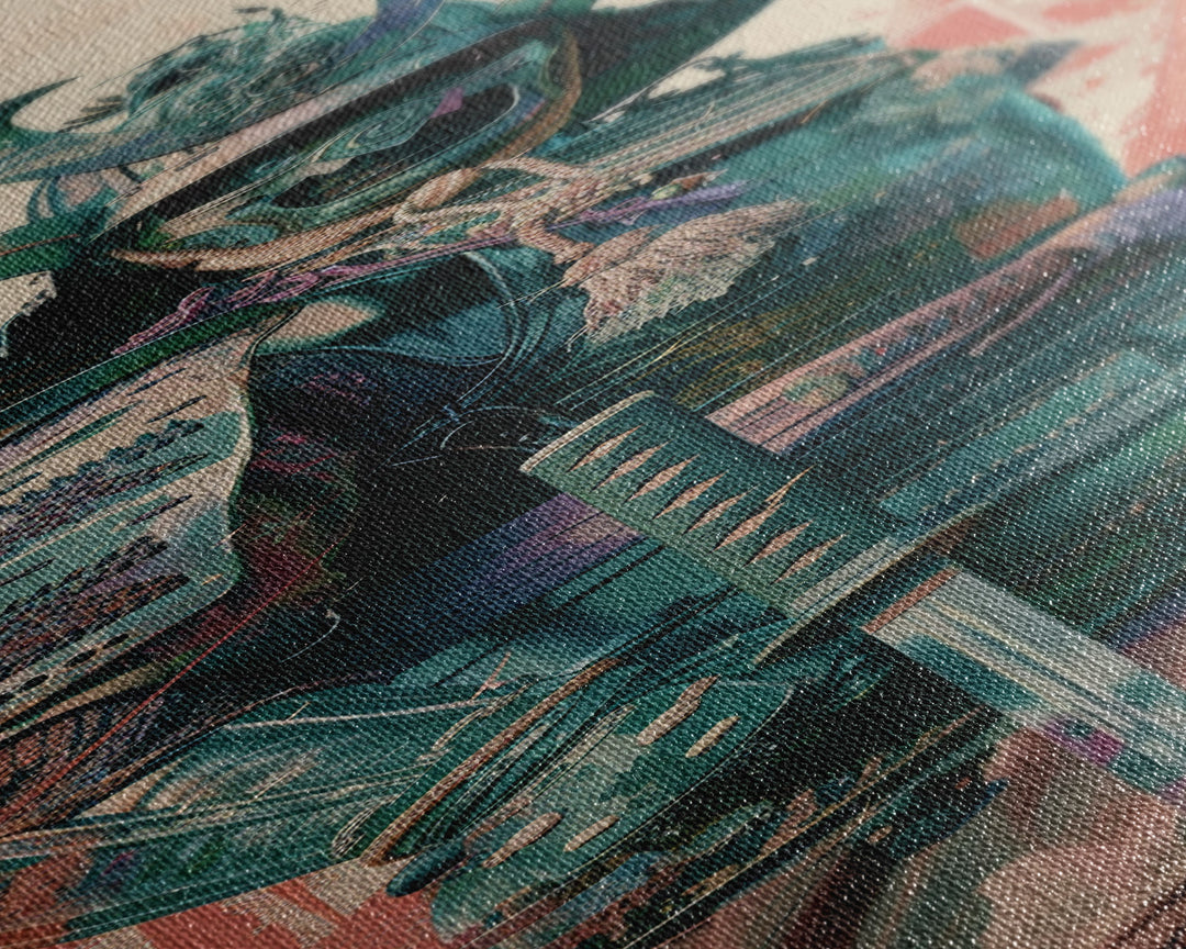 Skinny Art Tall Art Samurai Armor Wood Block Print Japanese Style Art Featuring Fierce Warrior In Full Battle Gear Framed Canvas Print