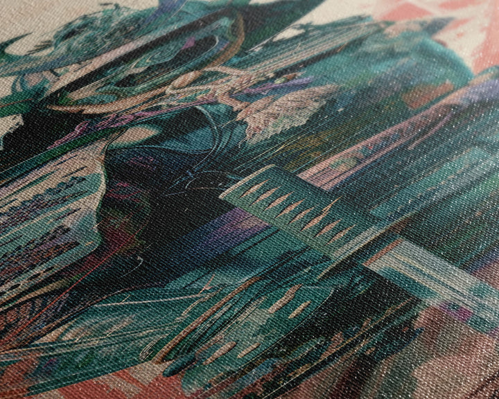 Skinny Art Tall Art Samurai Armor Wood Block Print Japanese Style Art Featuring Fierce Warrior In Full Battle Gear Framed Canvas Print