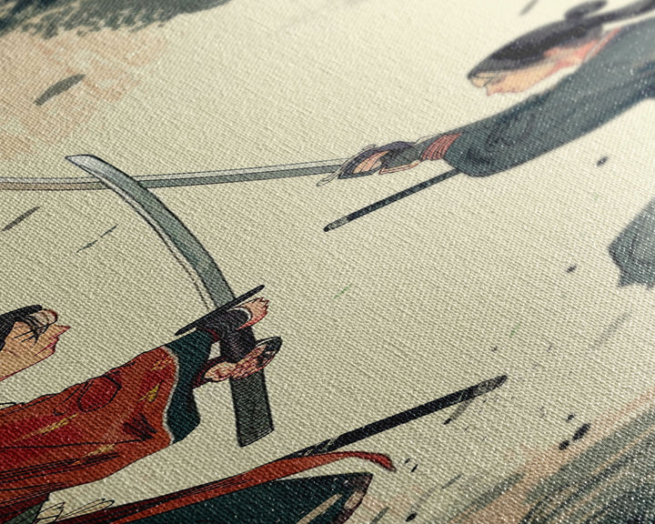 Skinny Art Tall Art Samurai Duel Wood Block Print Japanese Style Art Intense Battle Between Two Warriors Framed Canvas Print