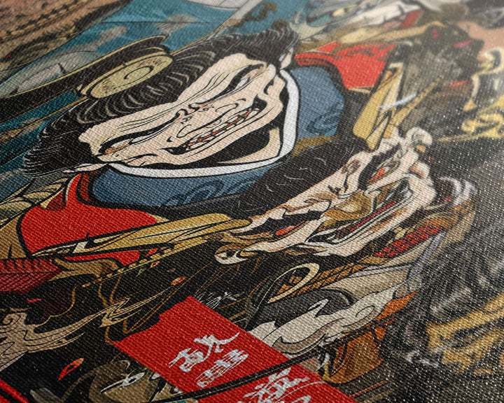 Fierce Samurai Warriors With Oni Mask Tall Art Ukiyo-e Art Wood Block Print Framed Canvas Print