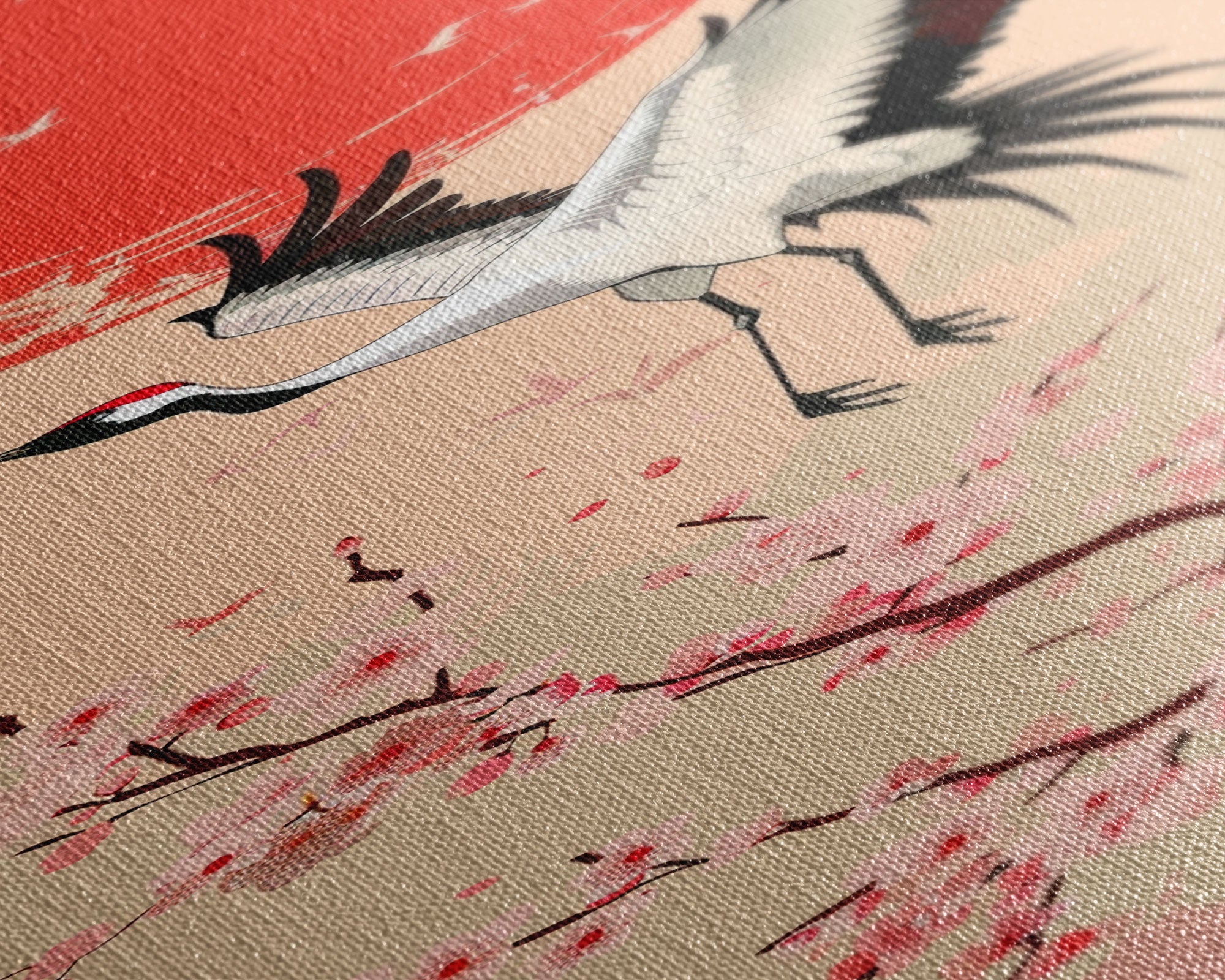 Elegant Crane Bird In Mid-flight Against Bold Red Sun Ukiyo-e Tall Skinny Wood Block Framed Canvas Print Japanese Style Art