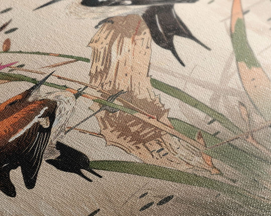 Detailed Woodpeckers Perched On Stems Amid Nature For Rustic Wall Art Ukiyo-e Japanese Style Art Skinny Framed Canvas Print