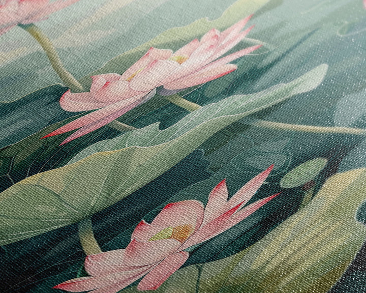 Tranquil Lotus Flowers And Large Green Leaves In Pond For Calming Nature Wall Art Ukiyo-e Japanese Style Art Canvas Print