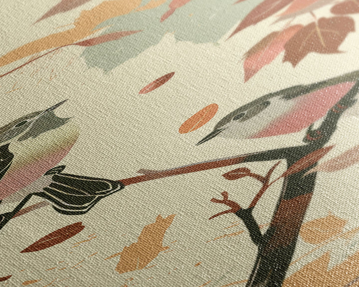 Charming Small Birds On Autumn Branches For Cozy Fall-Themed Wall Art Japanese Style Framed Canvas Print