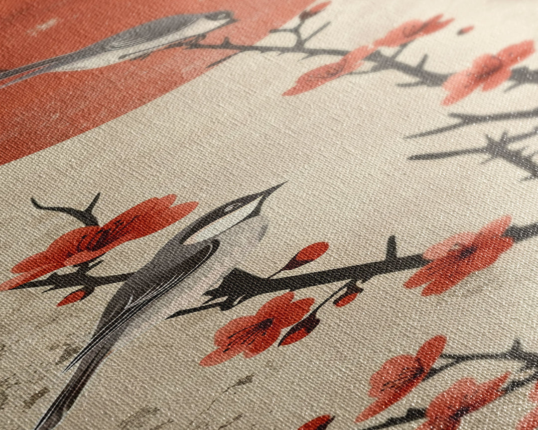 Delicate Birds Perched On Blooming Branch With Red Sun For Traditional Japanese Wall Art Decor Ukiyo-e Style Framed Canvas Print