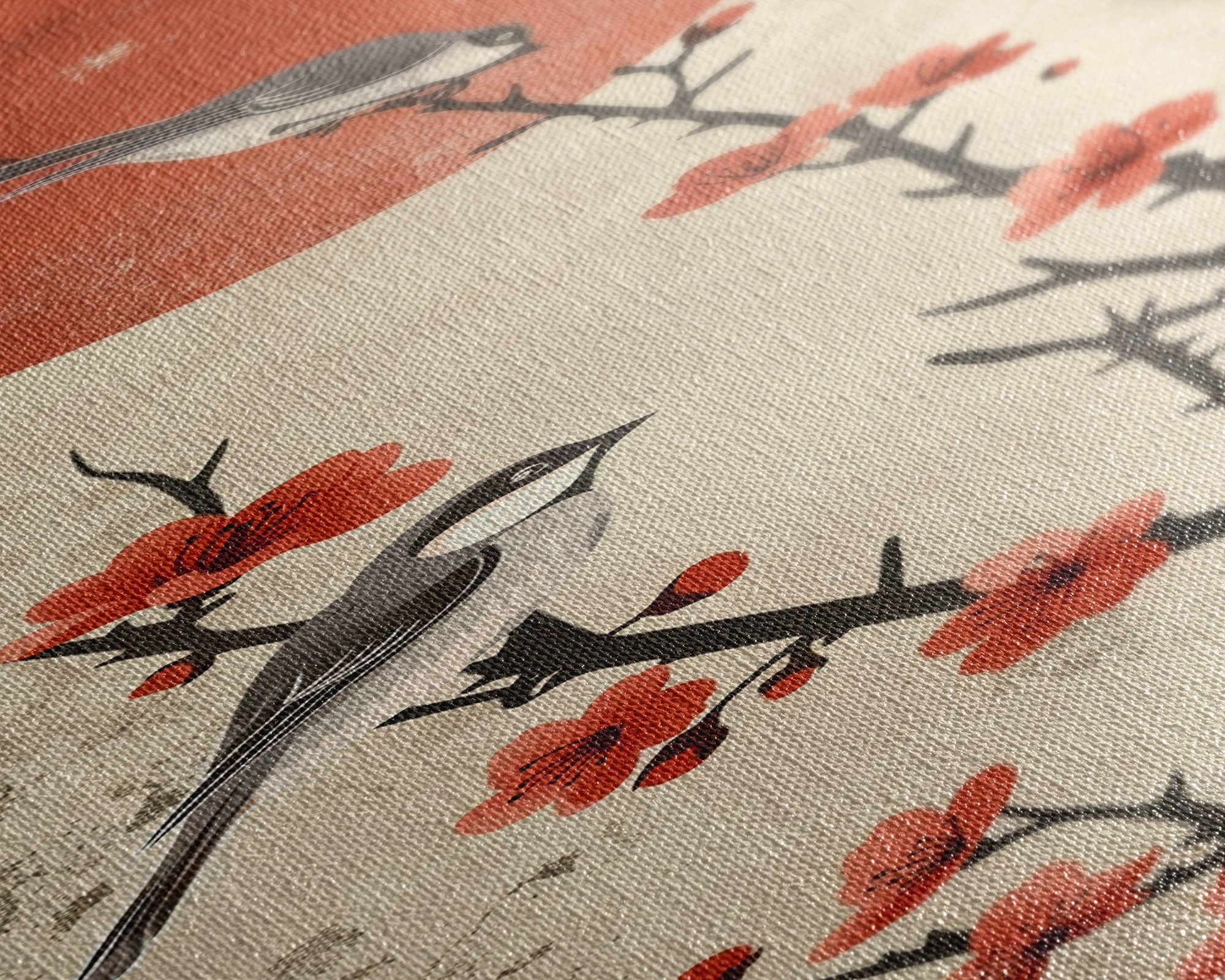 Delicate Birds Perched On Blooming Branch With Red Sun For Traditional Japanese Wall Art Decor Ukiyo-e Style Framed Canvas Print
