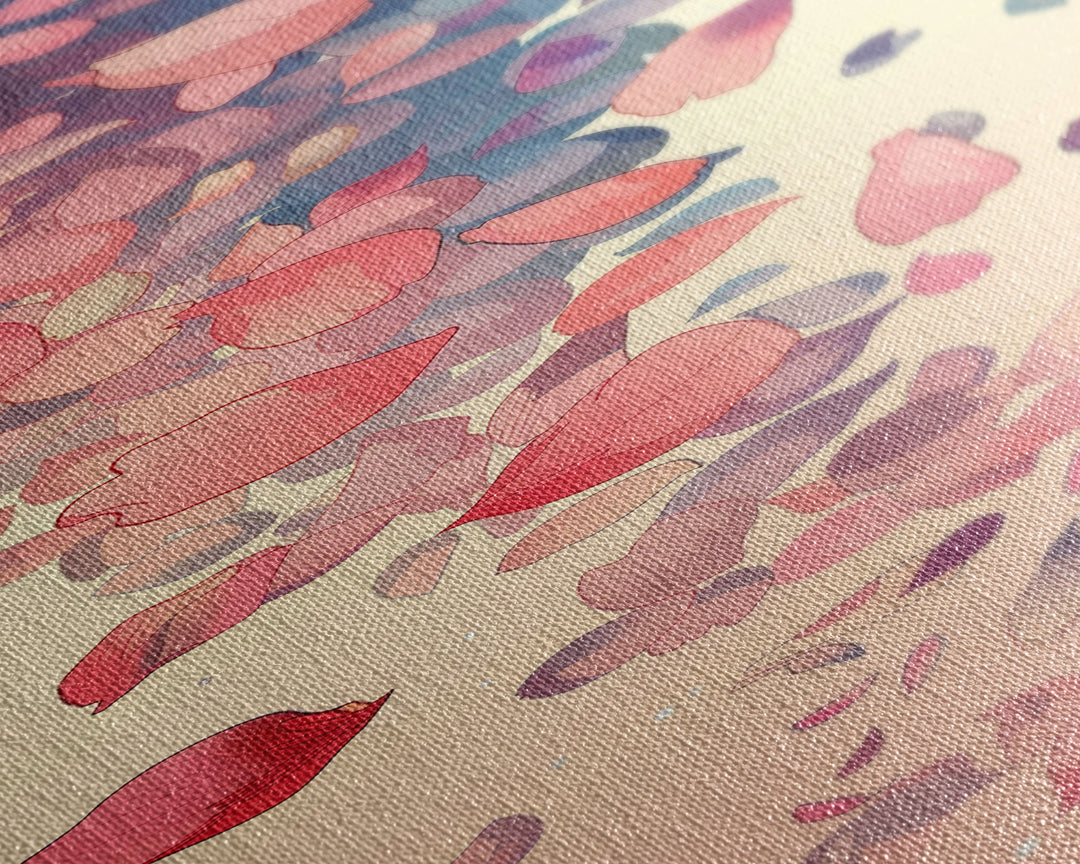 Cascading Pink Petals In Delicate Canvas, Tall Skinny Framed Wall Art For Feng Shui-Inspired Spaces, Japanese Style Art