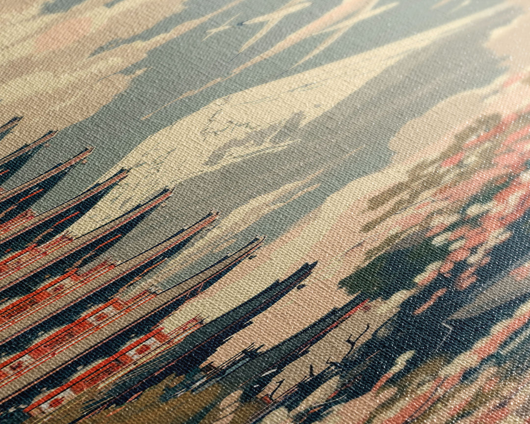 Japanese Pagoda With Mt Fuji And Cherry Blossoms – Framed Canvas Print Featuring Skinny Art Tall Art, Highlighting Ukiyo-E Art And Japanese Style Art