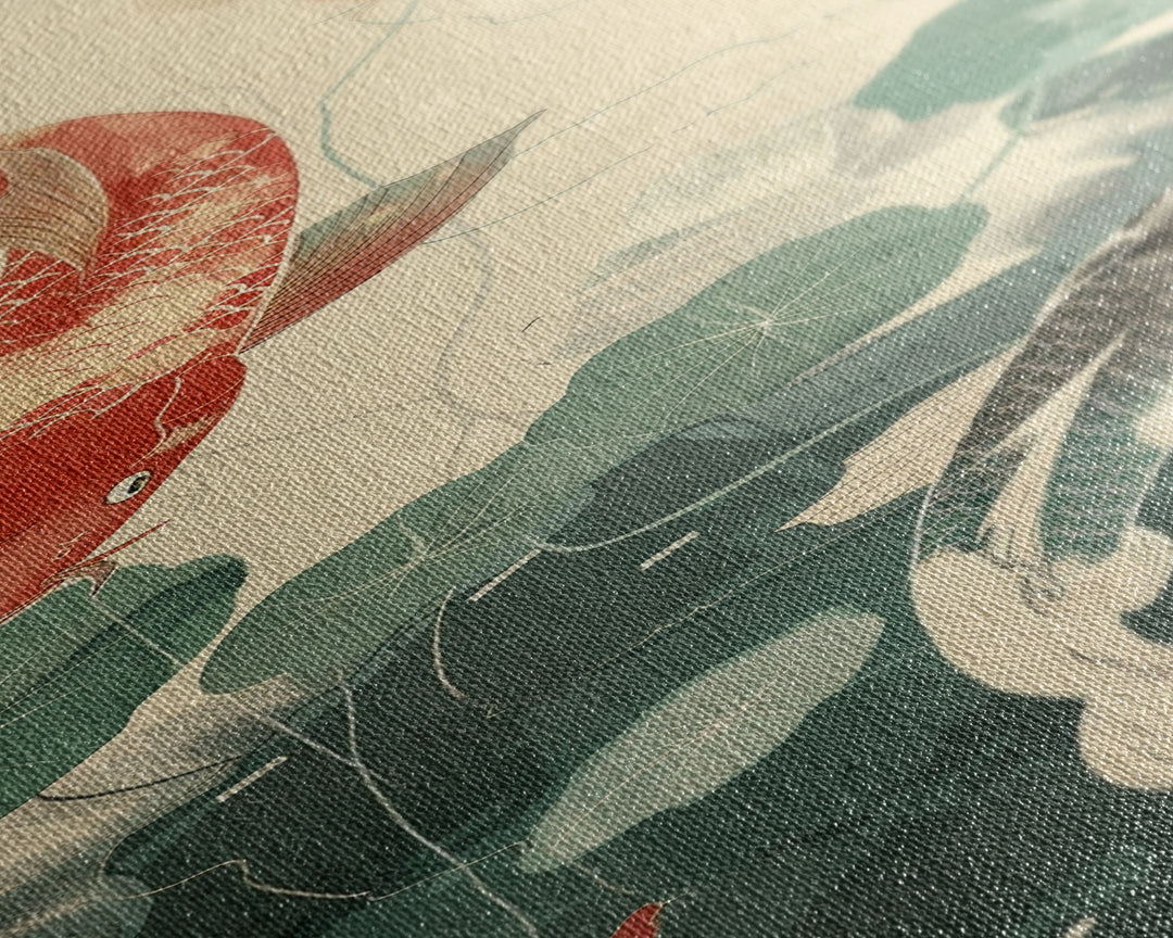 Koi Fish Swimming Among Lilypads In A Calm Pond – Framed Canvas Print Showcasing Skinny Art And Tall Art With Ukiyo-E Art And Japanese Style Art