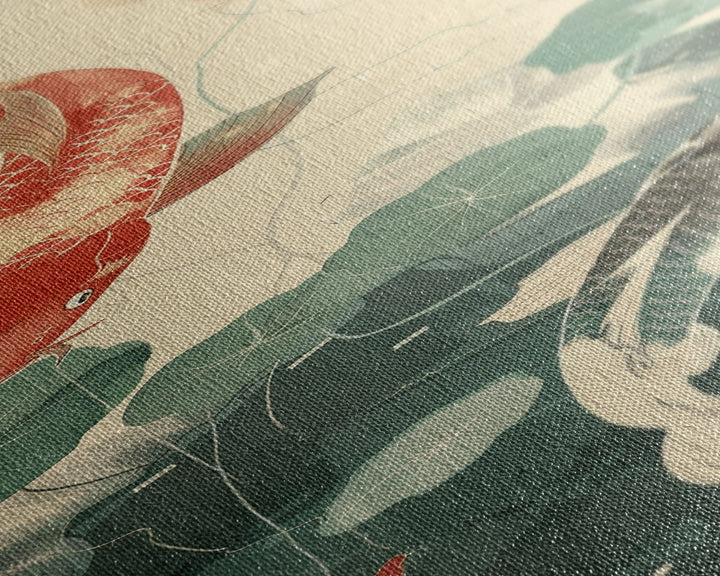 Koi Fish Swimming Among Lilypads In A Calm Pond – Framed Canvas Print Showcasing Skinny Art And Tall Art With Ukiyo-E Art And Japanese Style Art