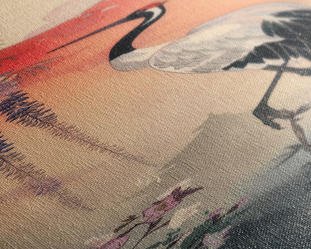 Japanese Crane With Moon And Wisteria - Skinny Art Tall Art Framed Canvas Print Japanese Style Art Ukiyo-e Art