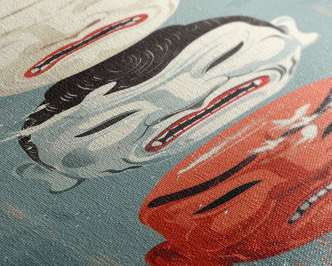 Japanese Masks In A Vertical Display - Skinny Art Tall Art Framed Canvas Print Japanese Style Art Ukiyo-e Art