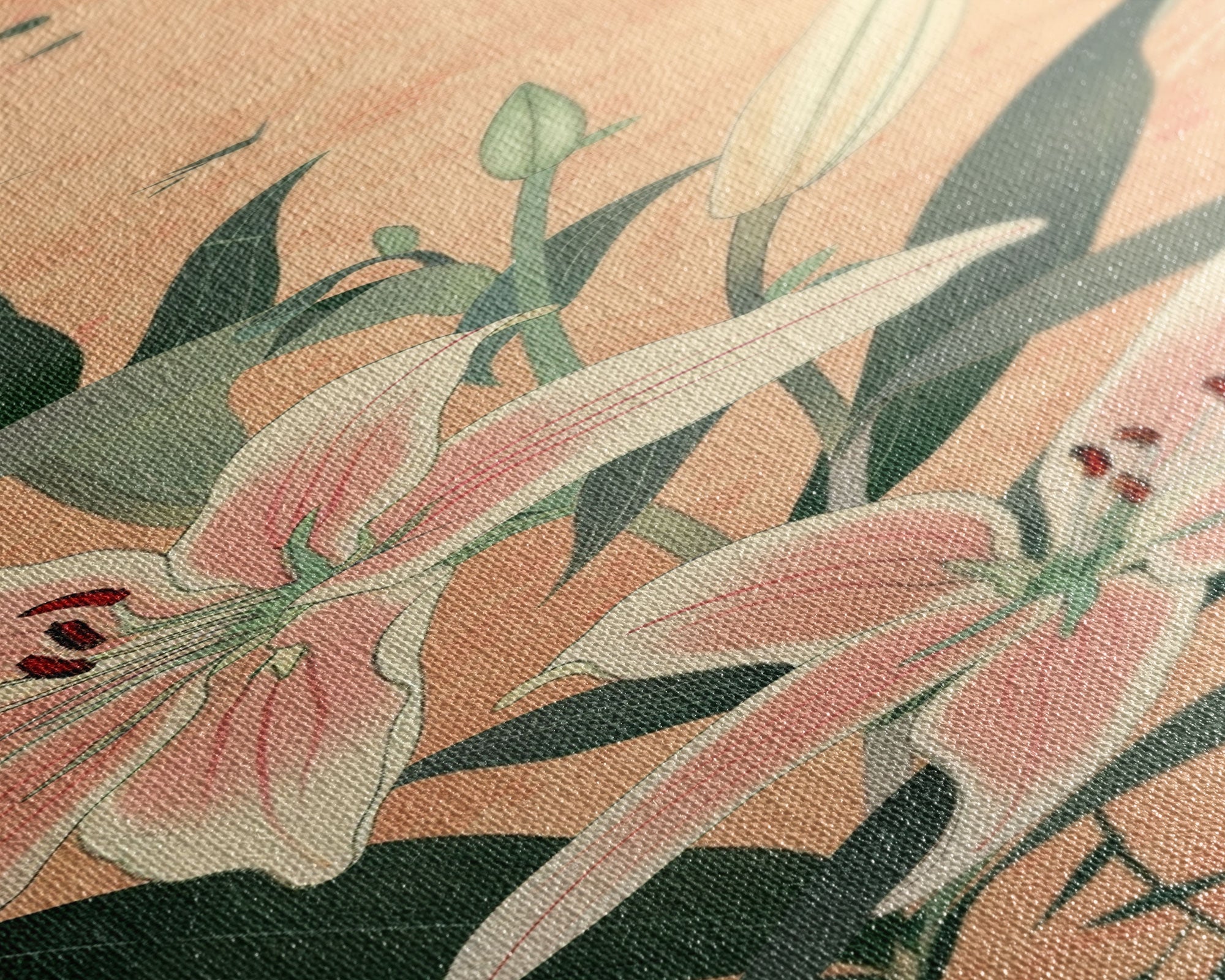 Delicate Lily Flowers Blooming In Japanese Style Ukiyo-e Art Framed Canvas Print Skinny Art Tall Art