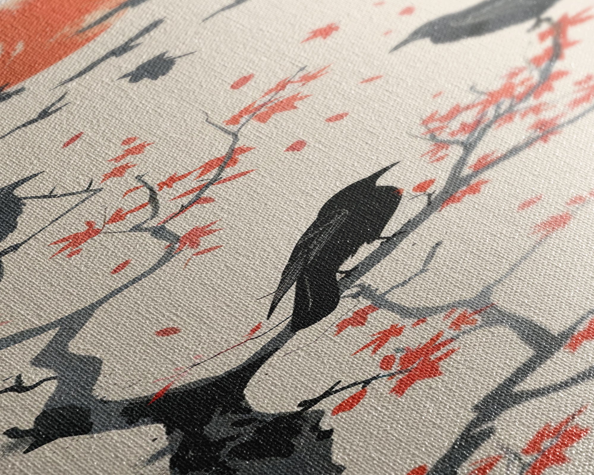 Crows On Bare Tree Branches Against Red Sun Skinny Art Wood Block Print Japanese Style Art Framed Canvas Print Tall Art Ukiyo-e Art