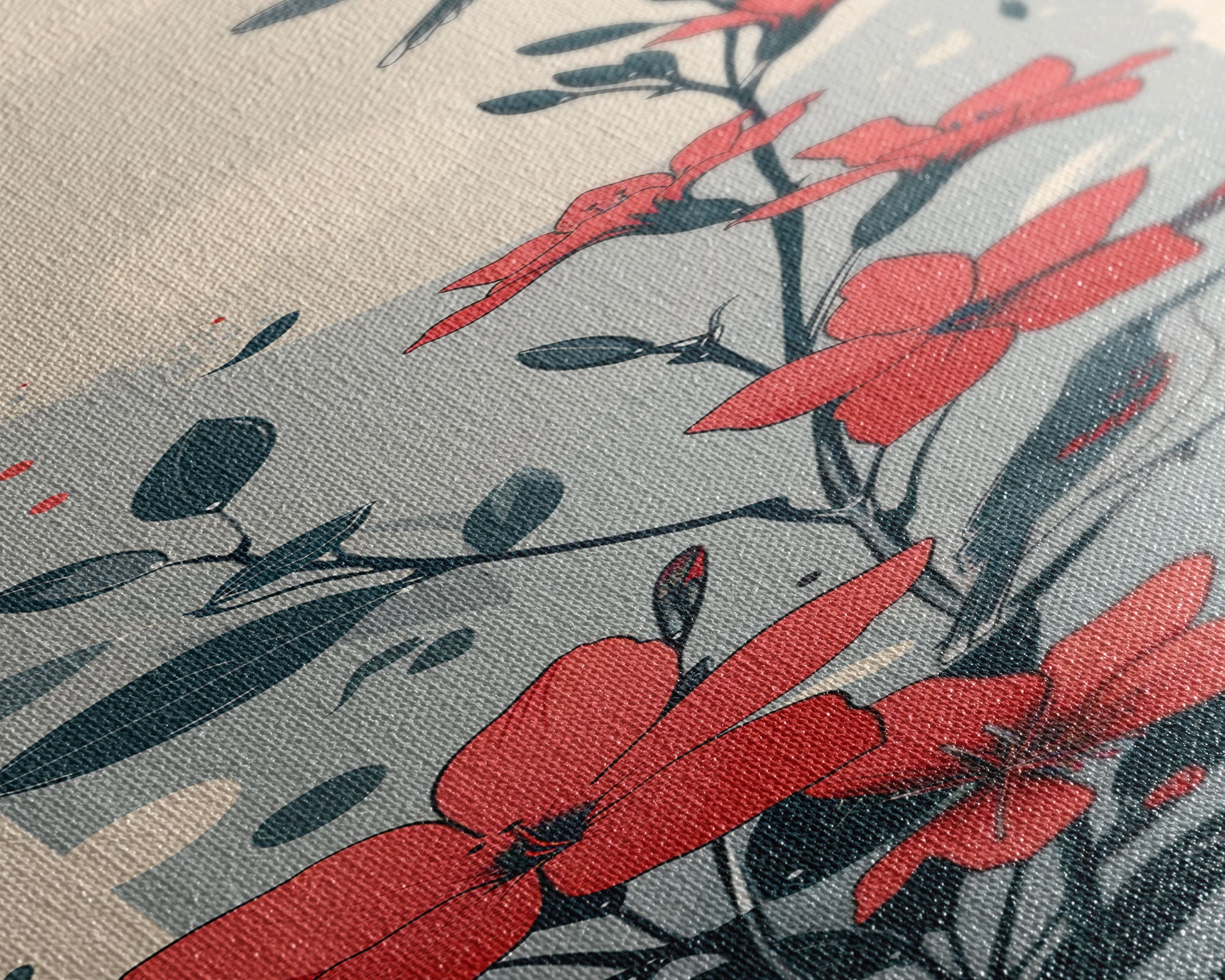 Hummingbird and Red Flowers Skinny Art Tall Art Japanese Ukiyo-e Inspired Nature Framed Canvas Print for Vibrant Interiors