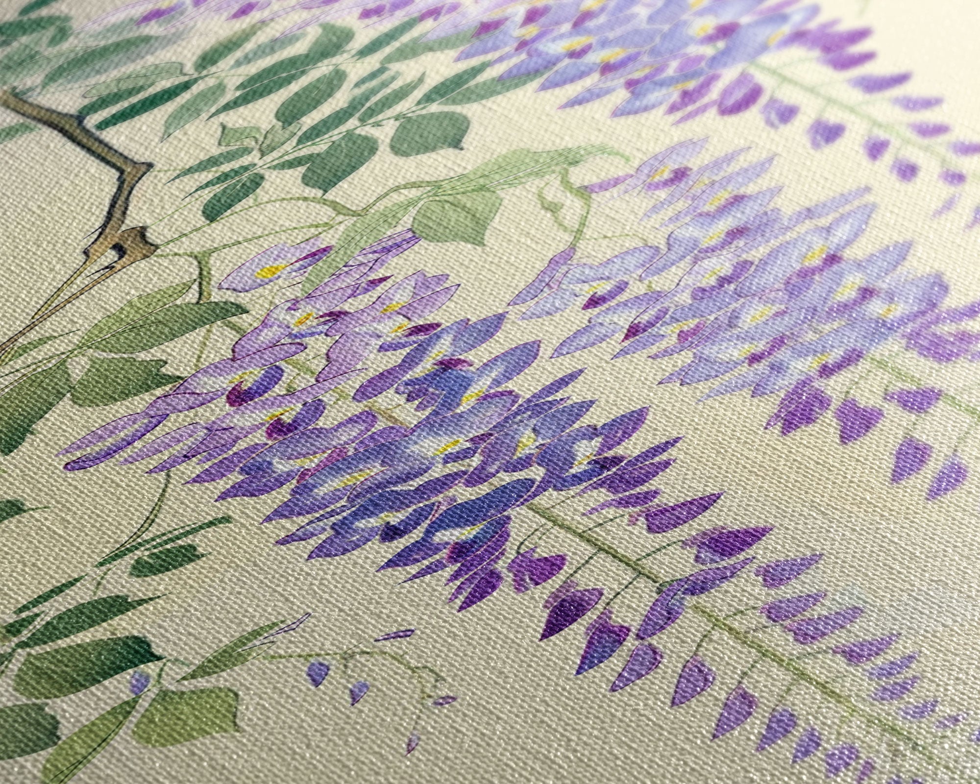 Cascading Wisteria Blossoms in Shades of Purple and Green - Skinny Art, Japanese Wall Decor, Framed Canvas Print, Ukiyo-e Style