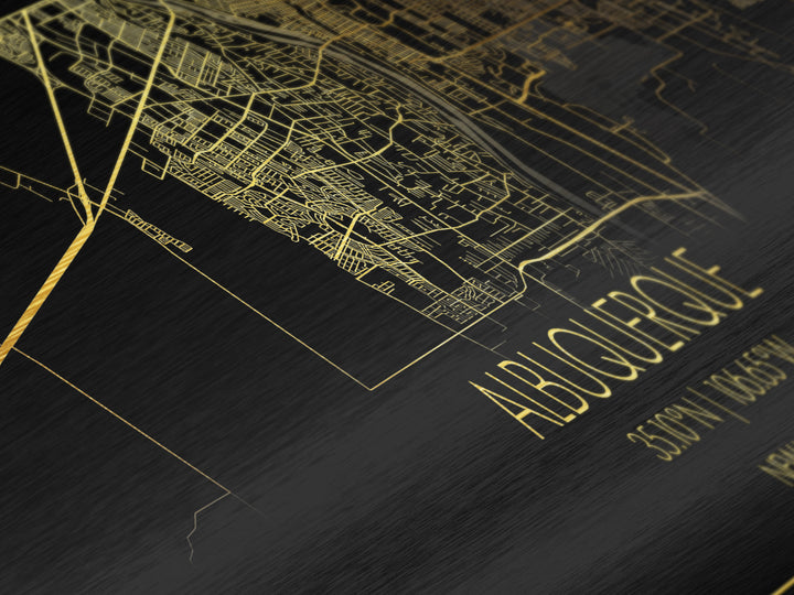 Black and Gold Panoramic Albuquerque New Mexico Street Map Wall Art - Metal Art - Metallic Gold Foil Wall Art - Gold Street Map Art