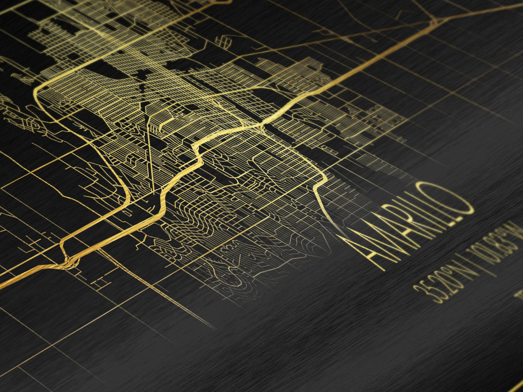 Amarillo Texas City street map, Panoramic art, black and gold, Metallic Gold Print, Metal Art, real wood frames, Modern Wall Art, Map Art