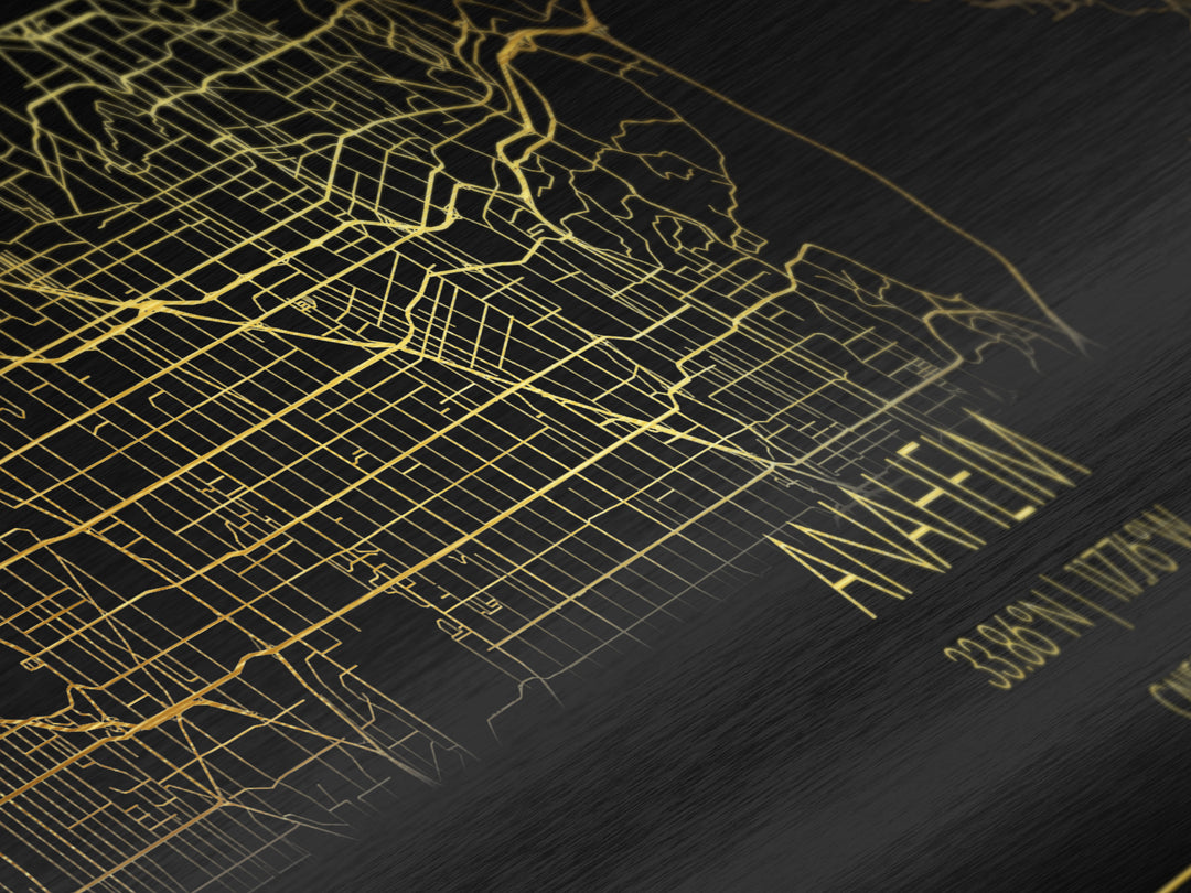 Anaheim California City Poster, Panoramic street map, black and gold, Metallic Gold Art, Metal Art, wood framed map, Minimalist Wall Art