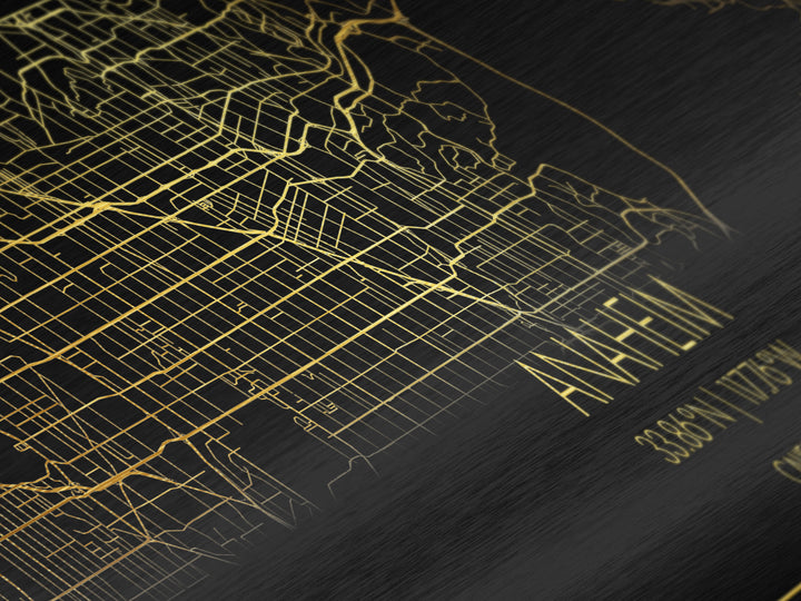 Anaheim California City Poster, Panoramic street map, black and gold, Metallic Gold Art, Metal Art, wood framed map, Minimalist Wall Art